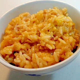 三十雑穀で　ひきわり納豆と卵黄の生姜香る混ぜご飯